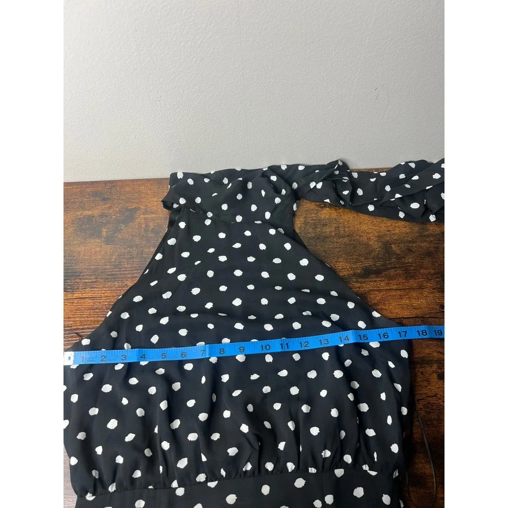 Women's Black White Polka Dot Halter Midi Dress Bow Neck Tiered Ruffle M